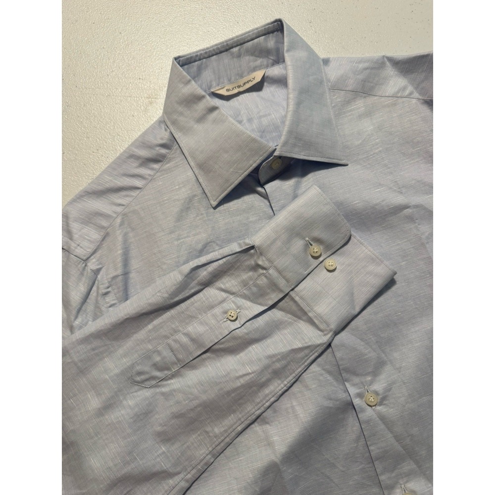 Suitsupply Mens 15.5x34 Blue Cotton Linen Classic Collar Dress Shirt Testa Italy